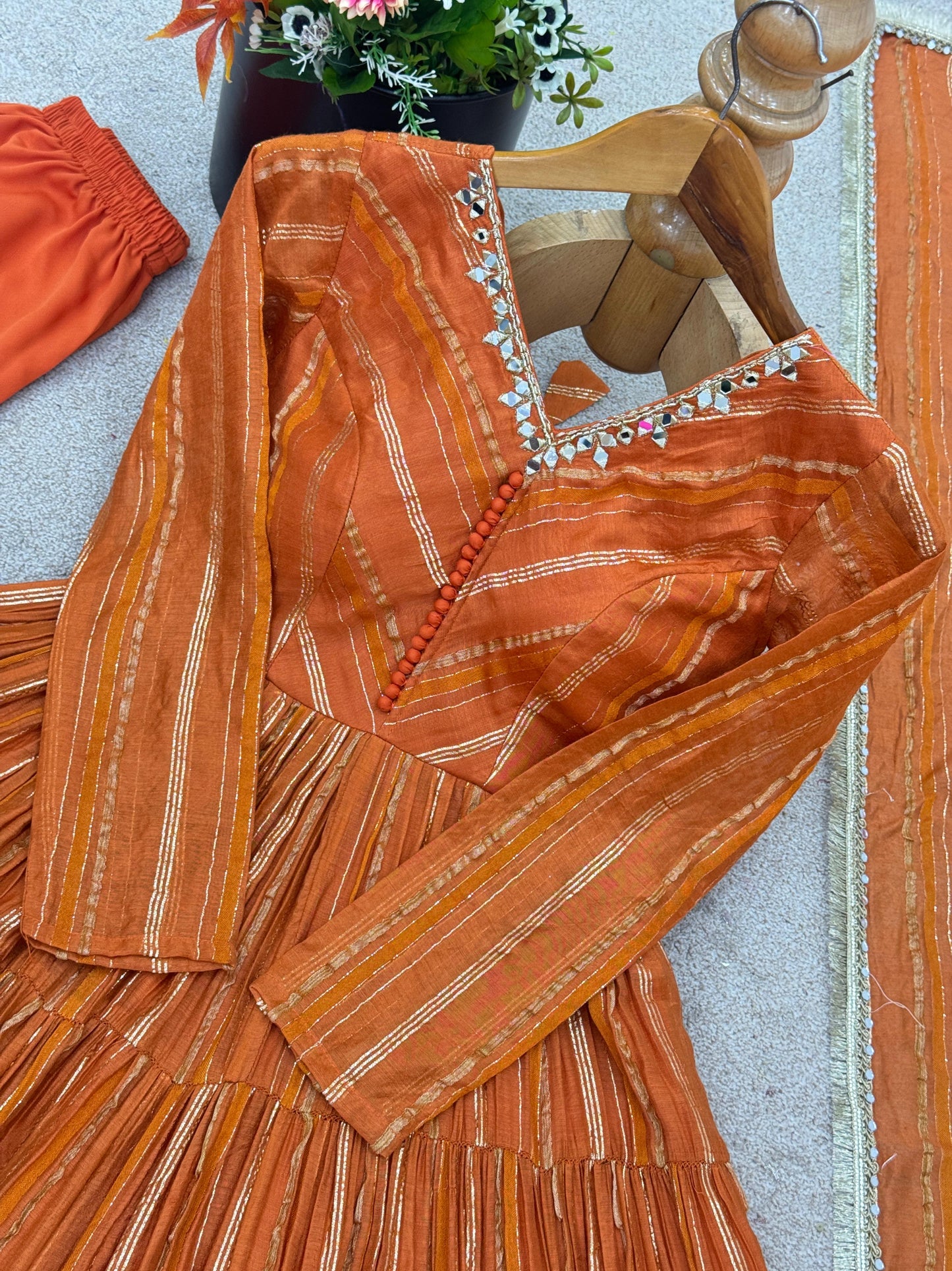 Orange Color With Mal Chanderi  With Mirror Hand Work Gown