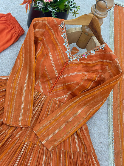 Orange Color With Mal Chanderi  With Mirror Hand Work Gown