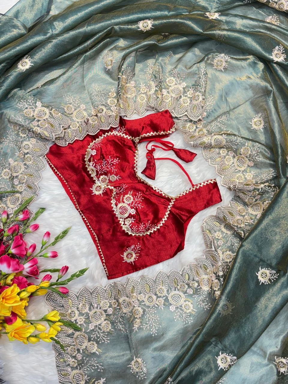 New Rich Look Tissue Organza With Embroidery Work Saree