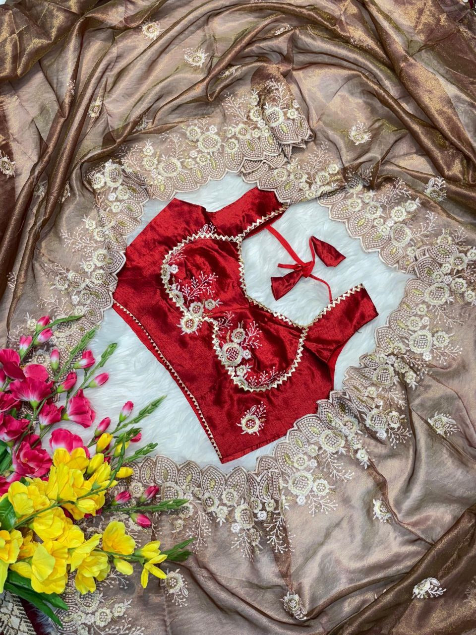 New Rich Look Tissue Organza With Embroidery Work Saree
