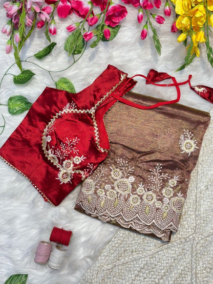 New Rich Look Tissue Organza With Embroidery Work Saree