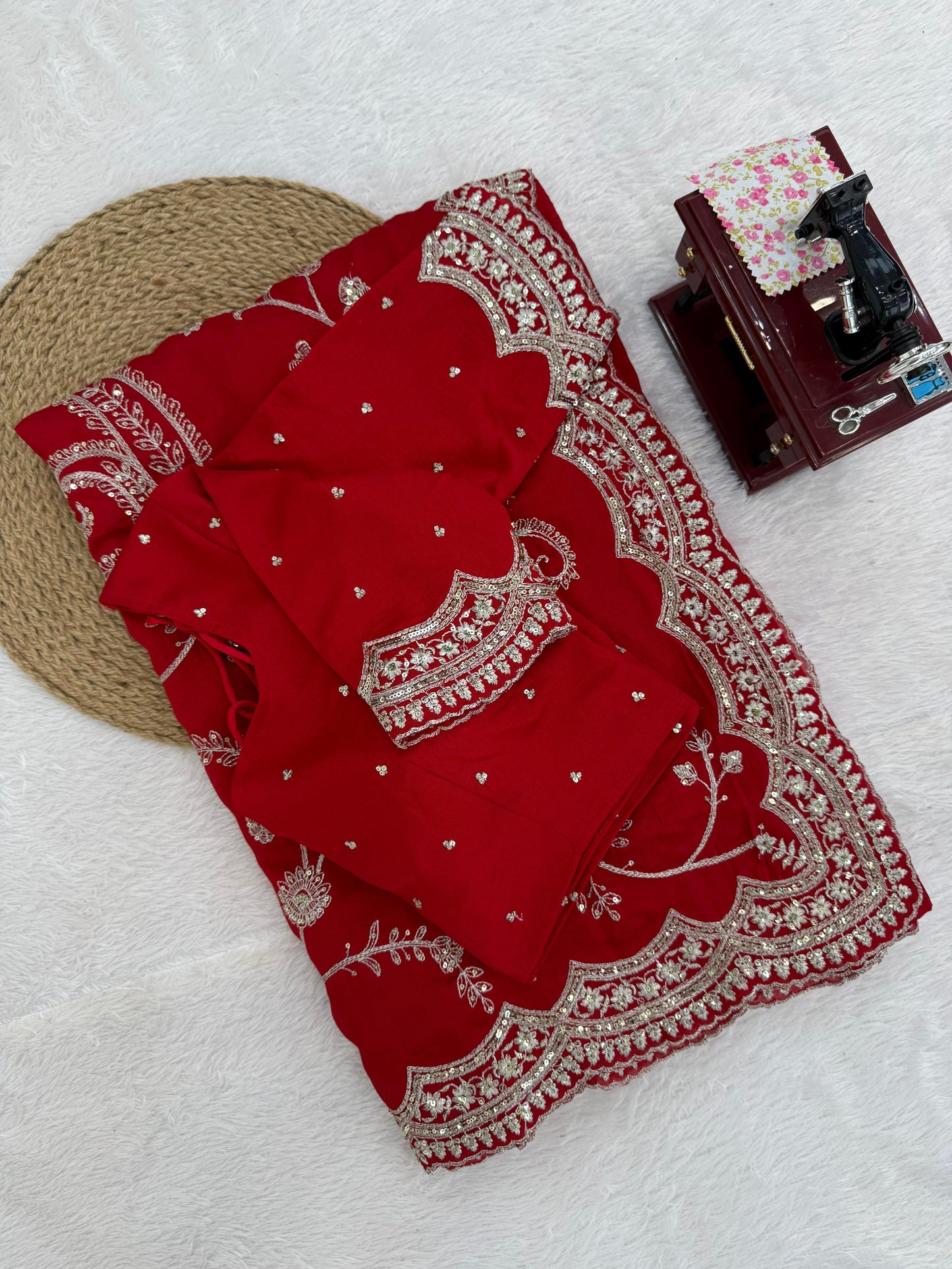 Red Color Vichitra Silk With Sequience Thred Work Saree