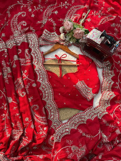 Red Color Vichitra Silk With Sequience Thred Work Saree
