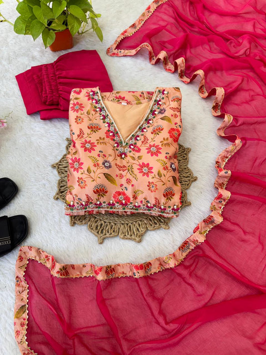 Pich Color Chinon Soft With Printed And Multi Color Hand Work Gown