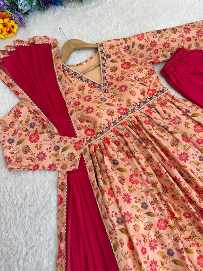 Pich Color Chinon Soft With Printed And Multi Color Hand Work Gown