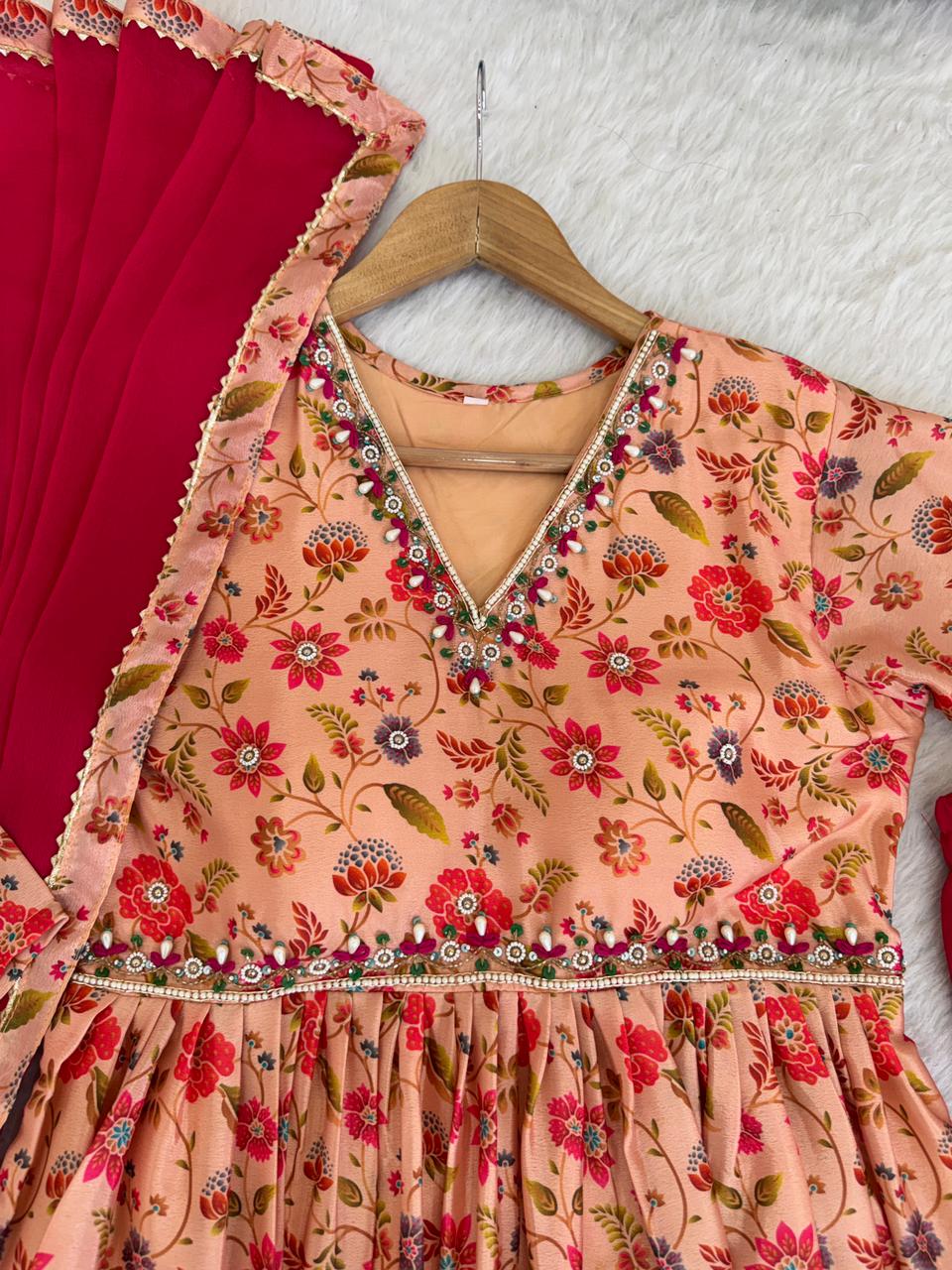 Pich Color Chinon Soft With Printed And Multi Color Hand Work Gown