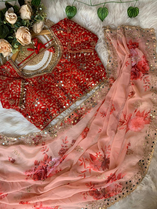 Pure Gerogette Floral Print Work Saree