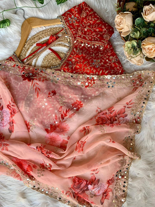 Pure Gerogette Floral Print Work Saree