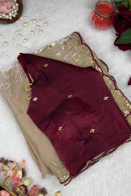 Beautifull Fendy Sartin Embroidery Sequience Work Sareee