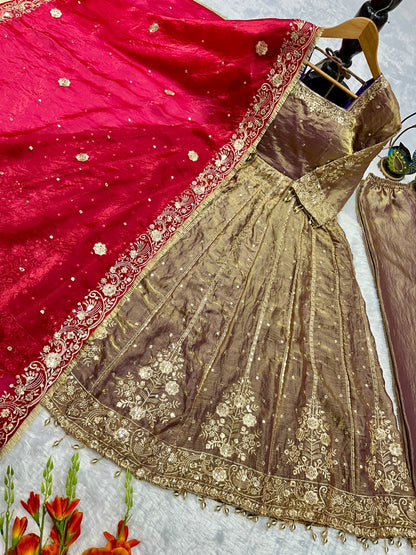 Orange Color Havy Embroidery Siqvas Work Gown Set