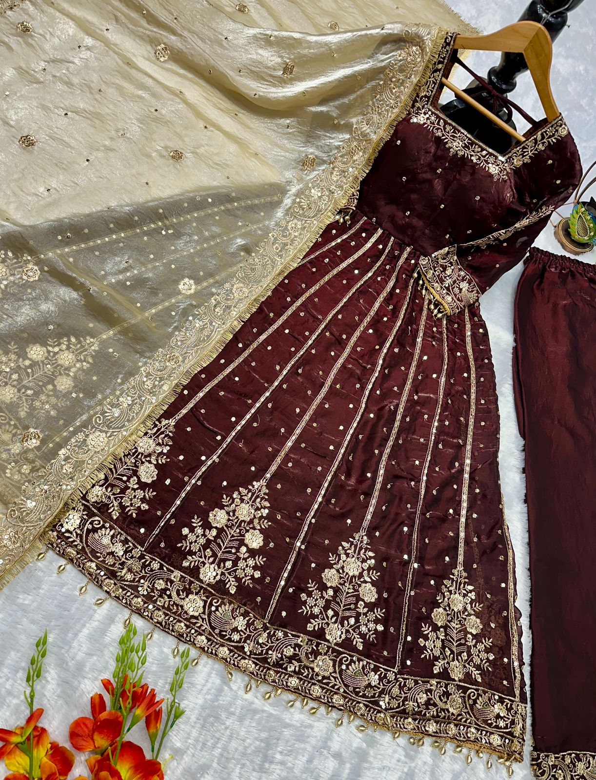 Orange Color Havy Embroidery Siqvas Work Gown Set