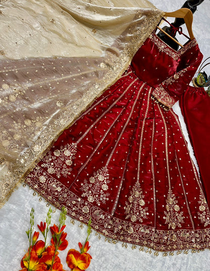 Orange Color Havy Embroidery Siqvas Work Gown Set