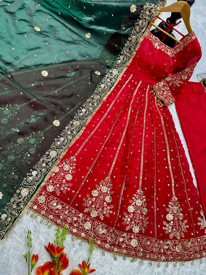 Orange Color Havy Embroidery Siqvas Work Gown Set