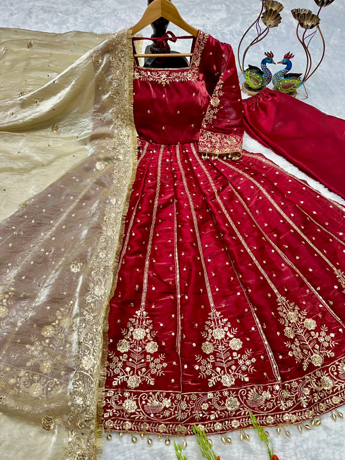 Orange Color Havy Embroidery Siqvas Work Gown Set