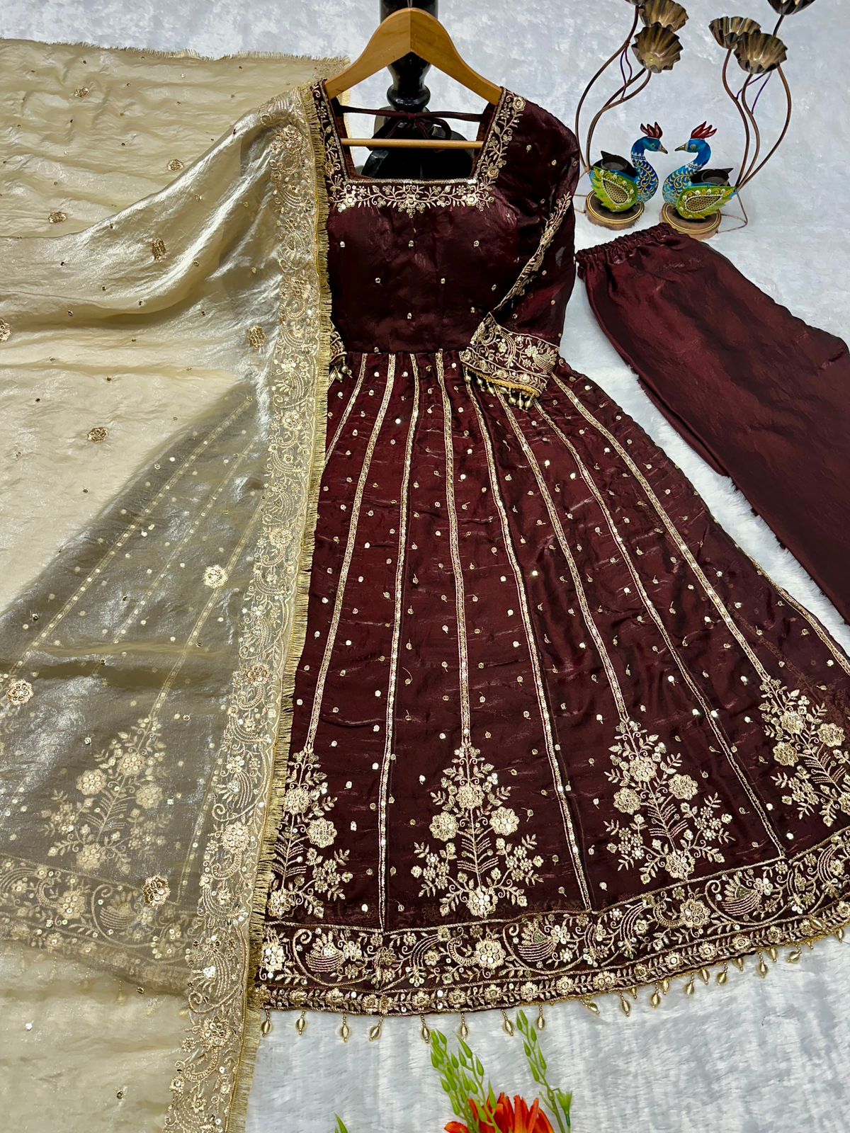 Orange Color Havy Embroidery Siqvas Work Gown Set