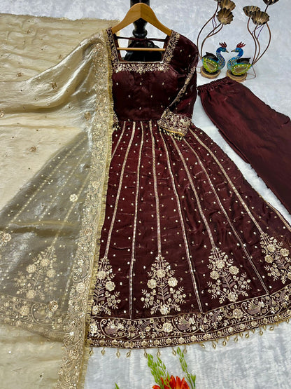 Orange Color Havy Embroidery Siqvas Work Gown Set