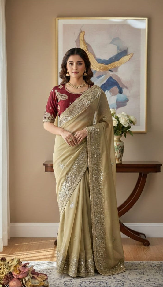 Beautifull Soft Elegent Rich Look Embroidery Work Saree