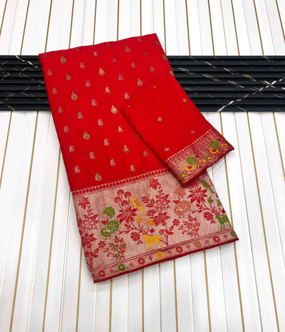 Pure Banarasi Khaddi Creap Georgette Meenakari Reshma Work Saree