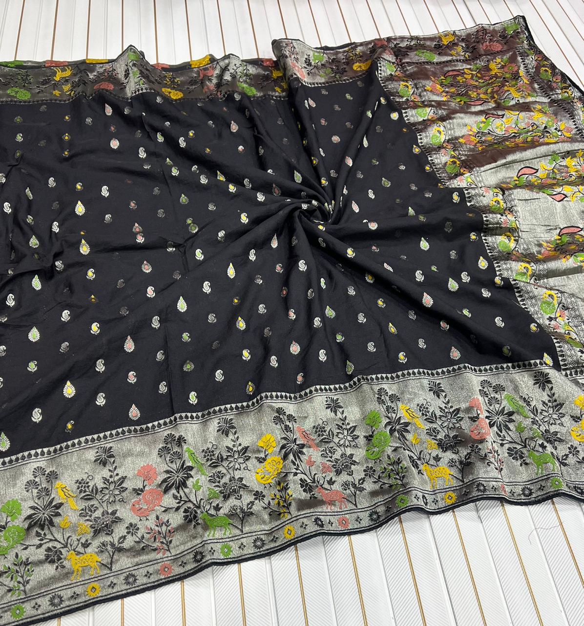 Pure Banarasi Khaddi Creap Georgette Meenakari Reshma Work Saree