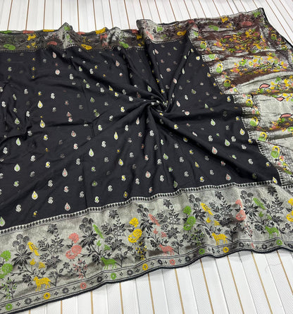 Pure Banarasi Khaddi Creap Georgette Meenakari Reshma Work Saree
