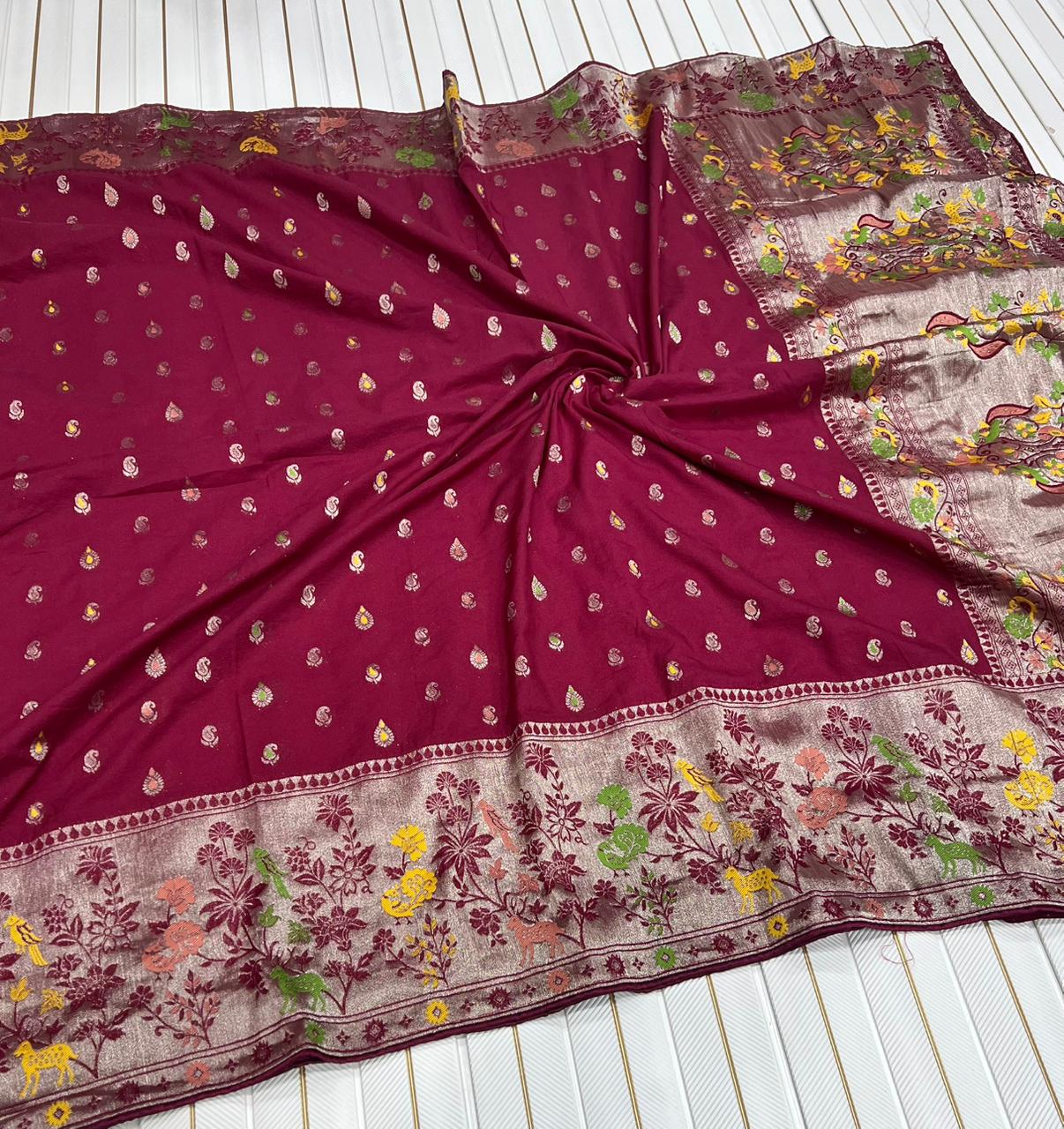 Pure Banarasi Khaddi Creap Georgette Meenakari Reshma Work Saree