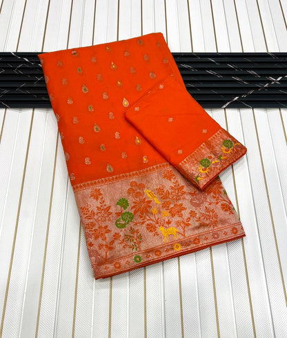 Pure Banarasi Khaddi Creap Georgette Meenakari Reshma Work Saree