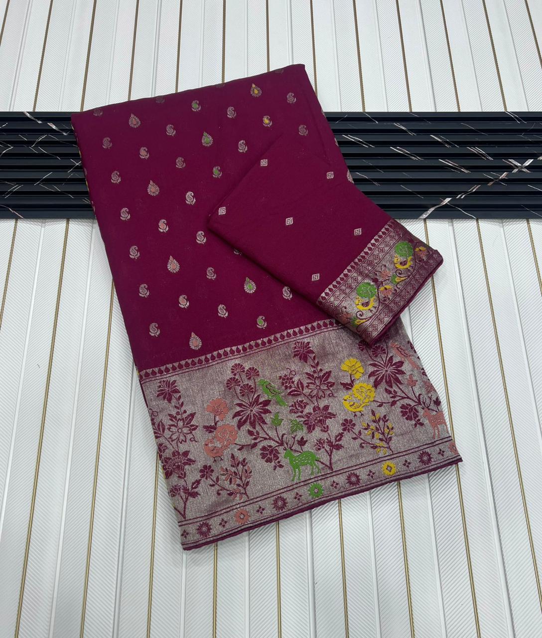 Pure Banarasi Khaddi Creap Georgette Meenakari Reshma Work Saree