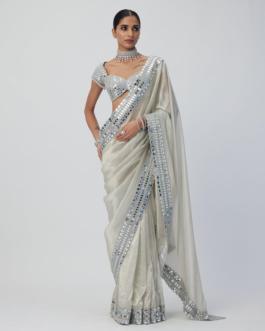 Beautifull White Color Organza With Real Mirror Work Saree