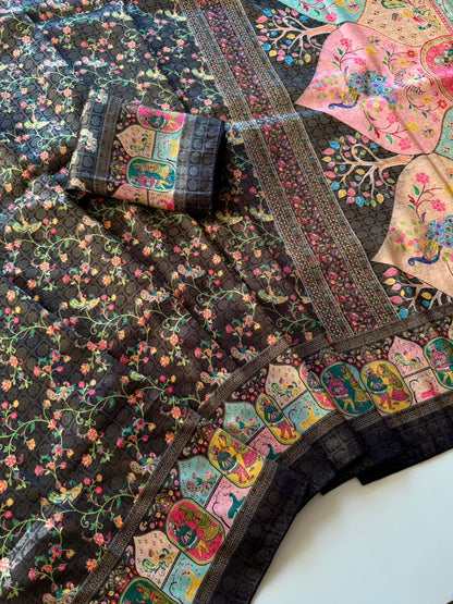 Beautifull Jari Weaving With Digital Print Work Saree