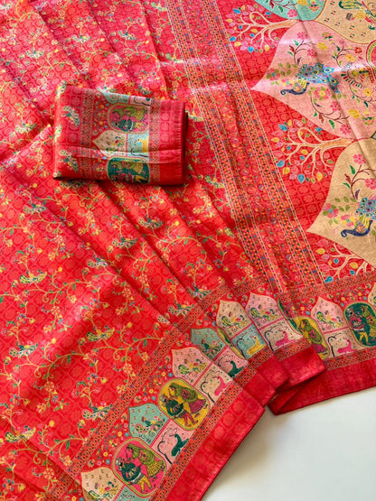 Beautifull Jari Weaving With Digital Print Work Saree