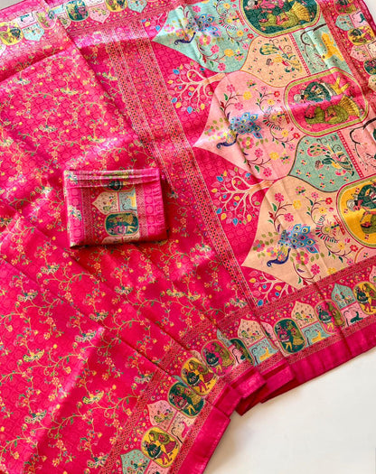 Beautifull Jari Weaving With Digital Print Work Saree