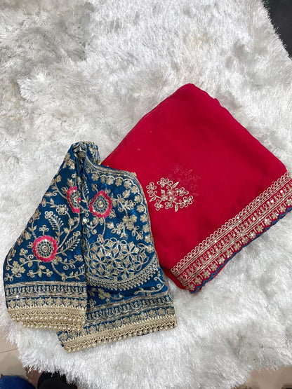Beautifull Rich Look Embroidery Sequience Work Saree