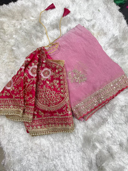 Beautifull Rich Look Embroidery Sequience Work Saree