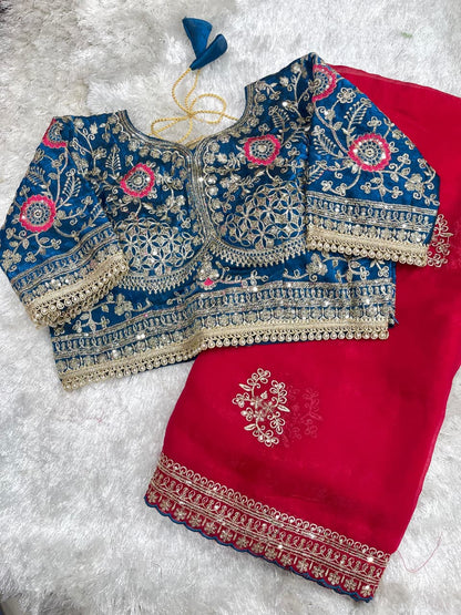 Beautifull Rich Look Embroidery Sequience Work Saree
