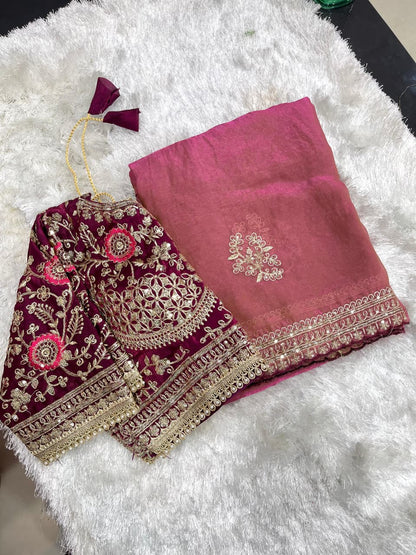 Beautifull Rich Look Embroidery Sequience Work Saree