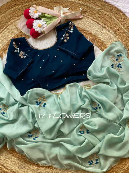 Beautifull Two Tone Rangoli Silk With Flower Hand Work Saree