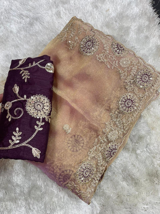 Beautifull Two Tone Tissue Silk With Embroidery Work Saree