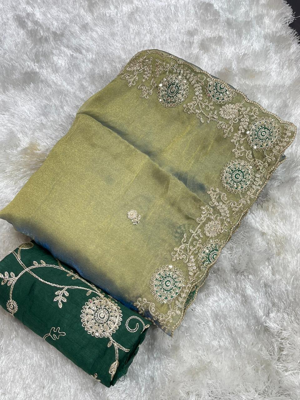 Beautifull Two Tone Tissue Silk With Embroidery Work Saree