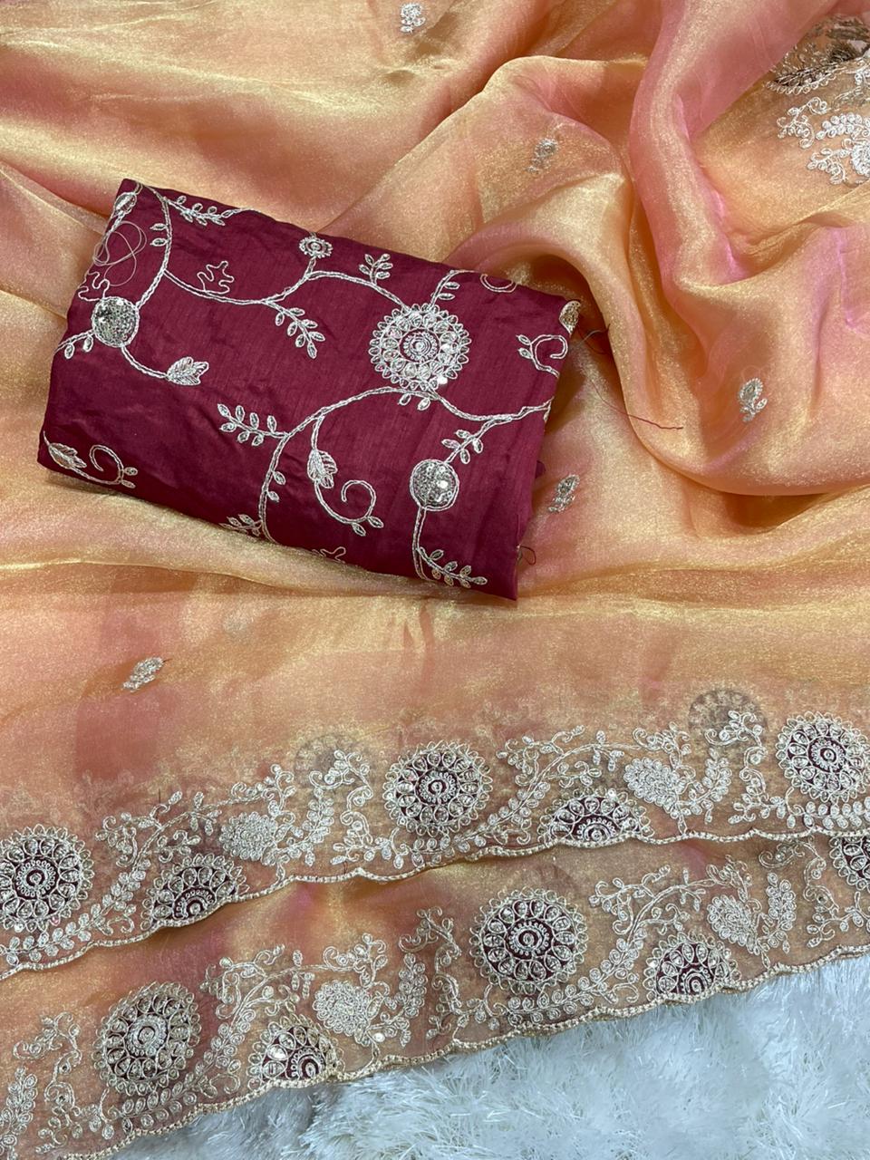 Beautifull Two Tone Tissue Silk With Embroidery Work Saree