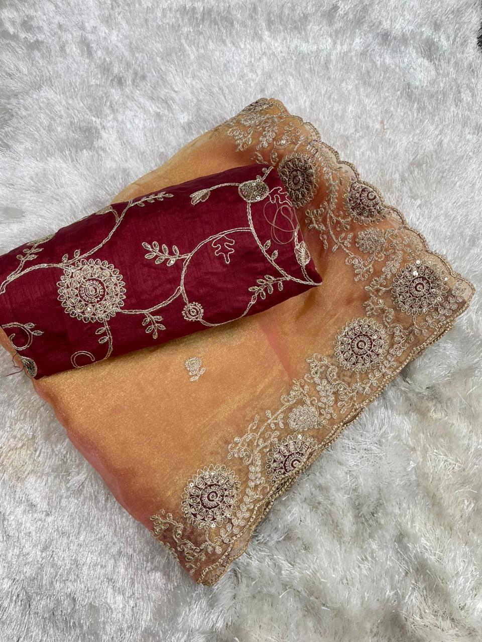 Beautifull Two Tone Tissue Silk With Embroidery Work Saree