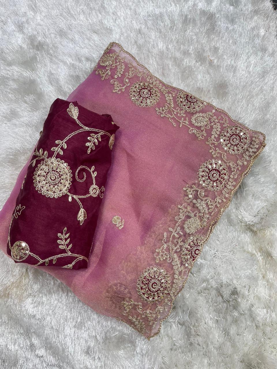 Beautifull Two Tone Tissue Silk With Embroidery Work Saree