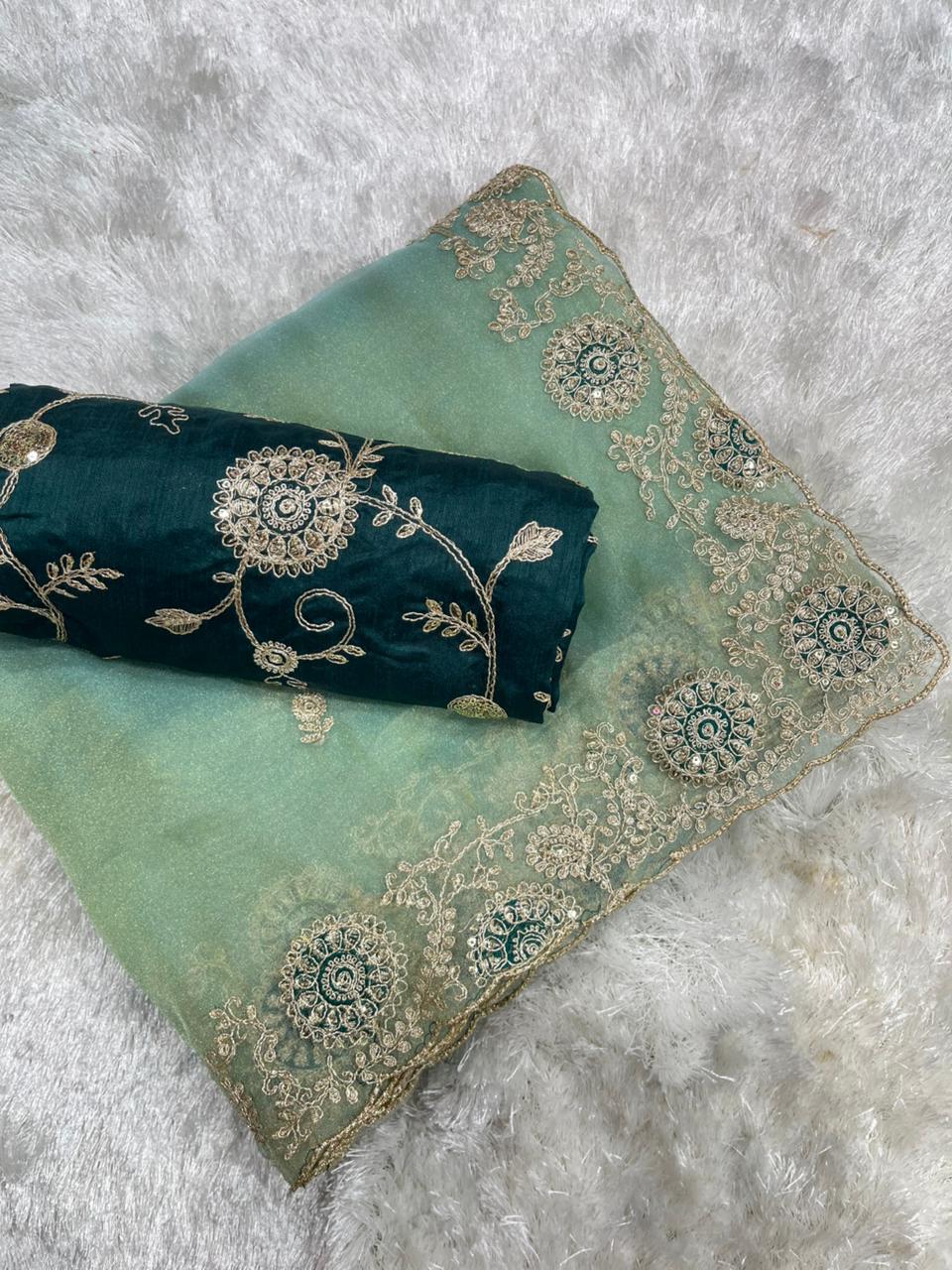 Beautifull Two Tone Tissue Silk With Embroidery Work Saree