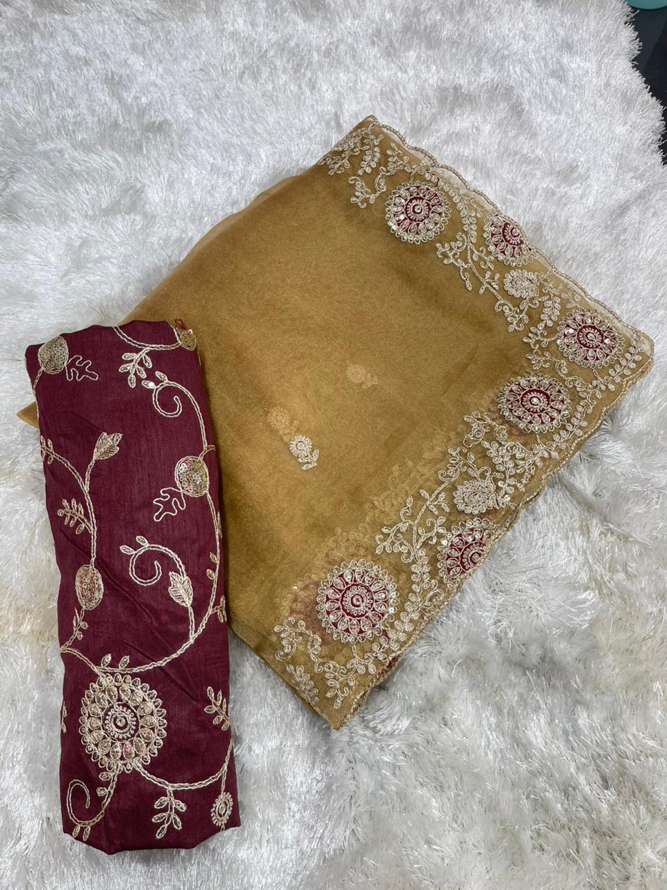 Beautifull Two Tone Tissue Silk With Embroidery Work Saree