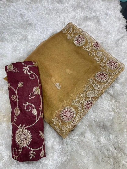 Beautifull Two Tone Tissue Silk With Embroidery Work Saree