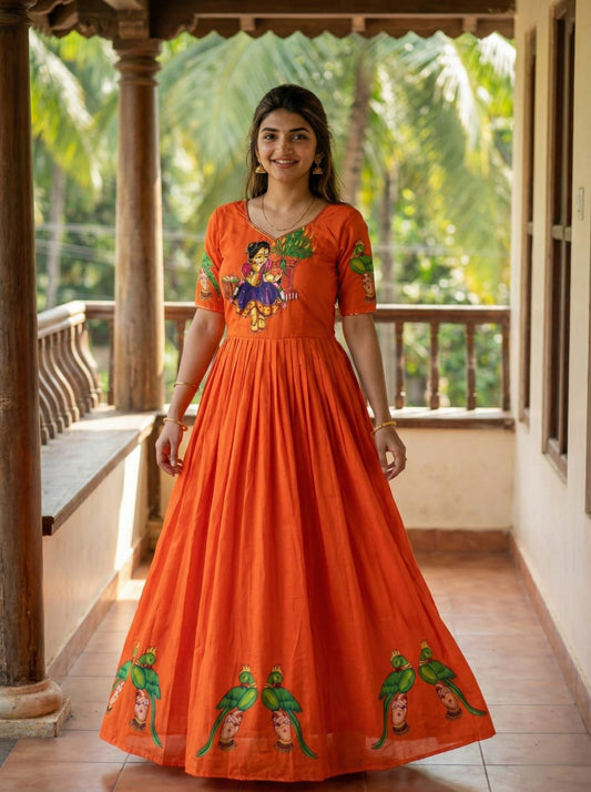 Beautifull Kalamkari Print With Khatli Hand Work Gown