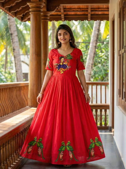 Beautifull Kalamkari Print With Khatli Hand Work Gown
