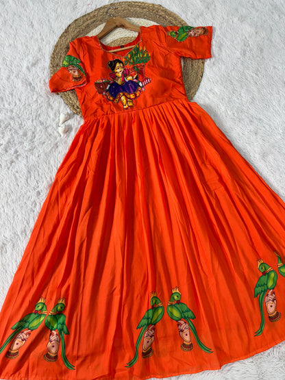 Beautifull Kalamkari Print With Khatli Hand Work Gown