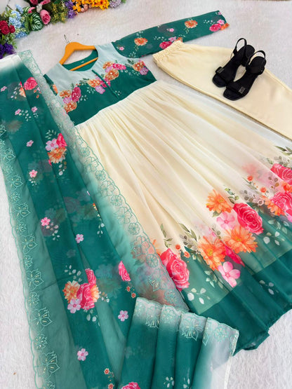 Beautifull Rama Color Fox Georgette Hand Work Gown