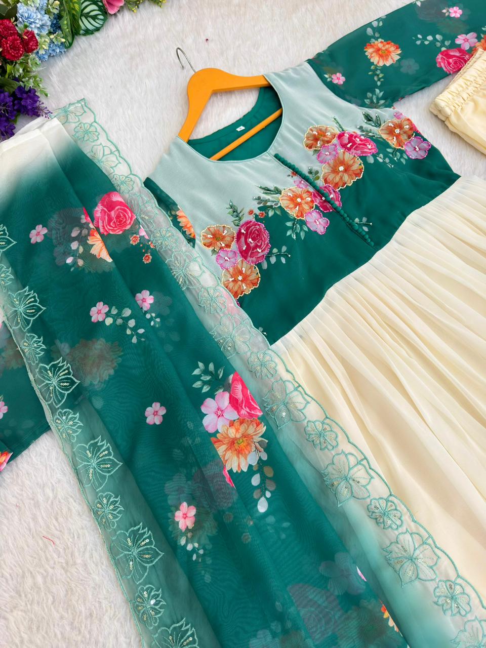 Beautifull Rama Color Fox Georgette Hand Work Gown