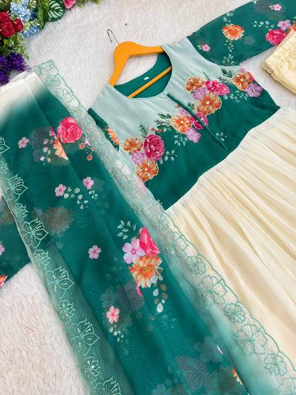 Beautifull Rama Color Fox Georgette Hand Work Gown
